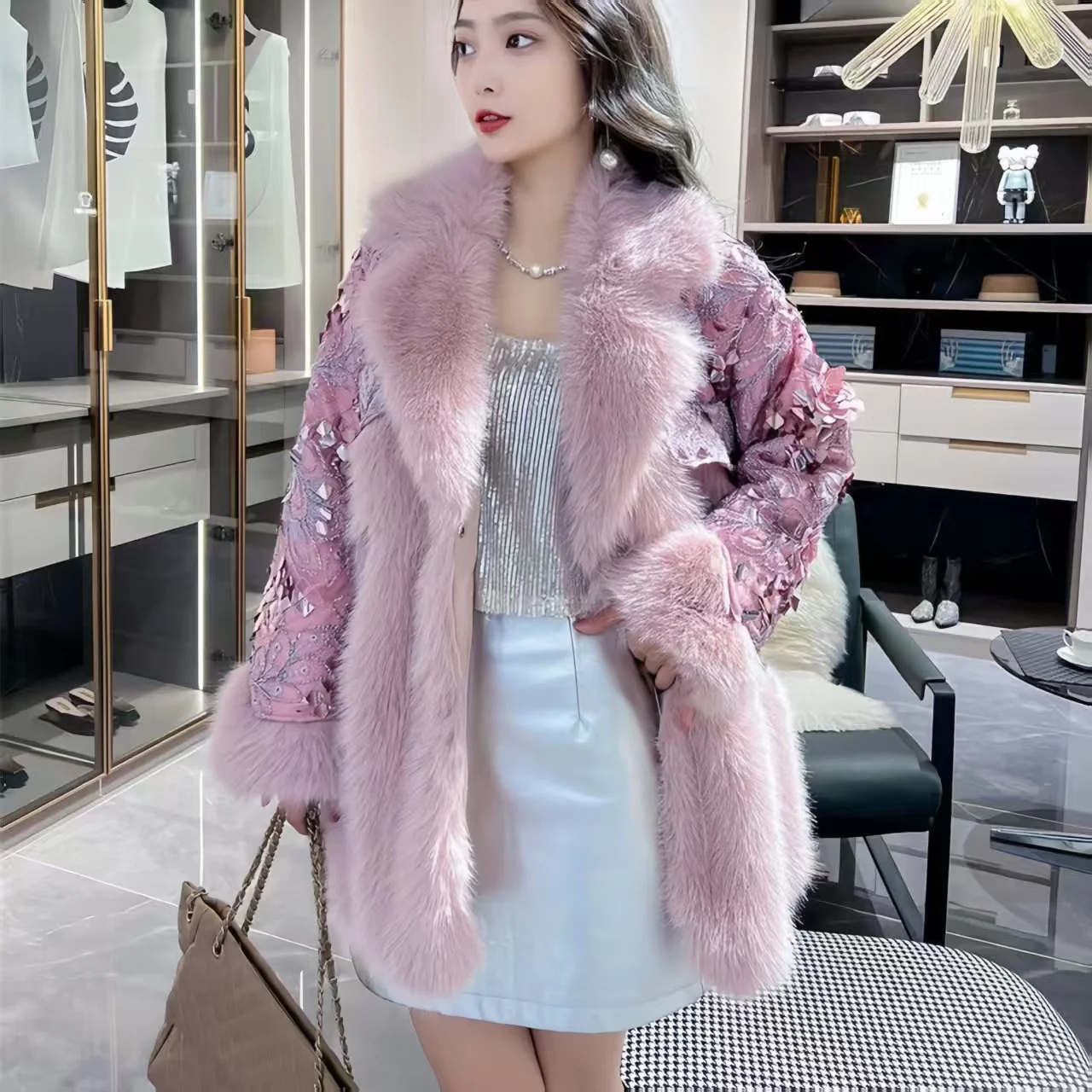 Jaket Slim Bulu Imitasi Serbaguna Fashion Panjang Sedang Terintegrasi Wanita Elegan Pakaian Musim Dingin 2025 Mantel Bulu Imitasi Payet Wanita