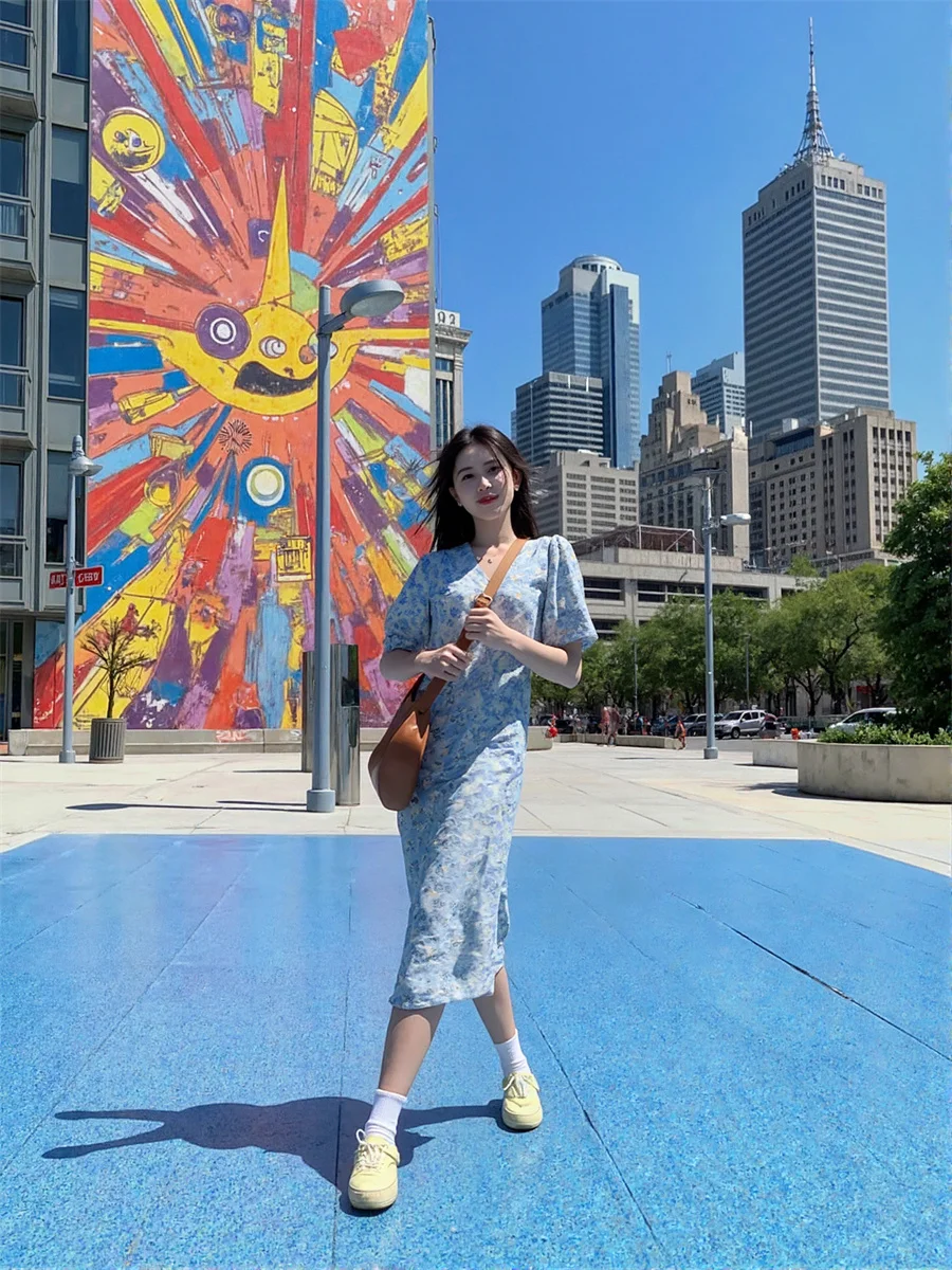 Blumiges Drapiertes Puffärmel-Kleid Damenmode Winter Schnürung Meerjungfrau Tanzkleid Hochwertig Einfarbig Stehkragen One-Line Chic