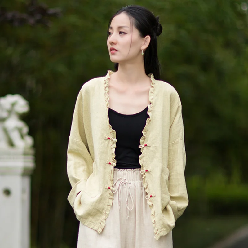 Printemps automne coton lin ample Style chinois Blouse femme surdimensionné coton lin ouvert Cardigan à manches longues femmes chemise haute