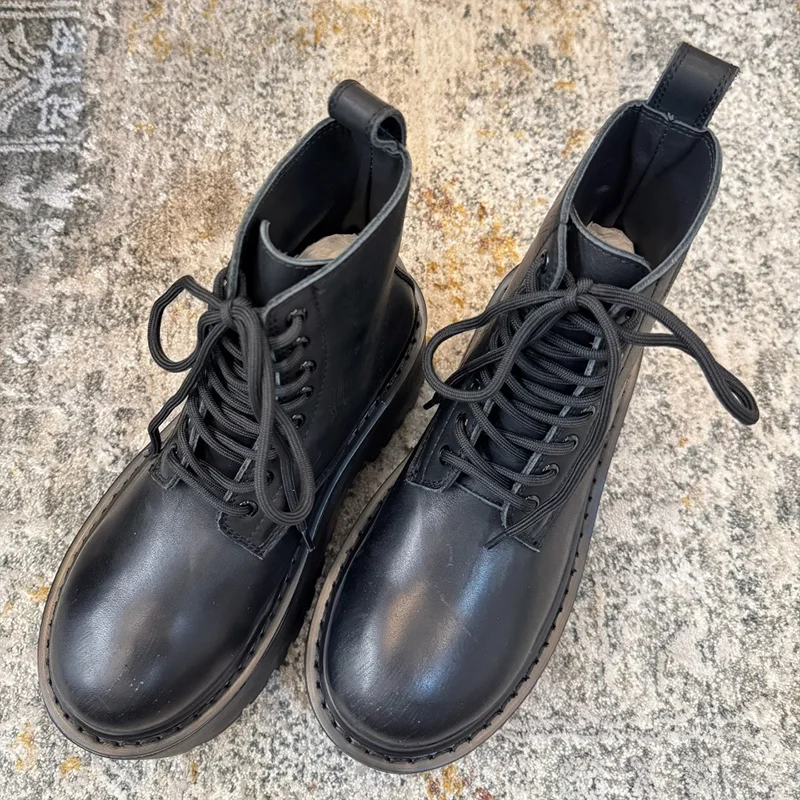 

High quality women's thick soled,height increasing lace up short boots,made of simple cowhide material with rubber sole 25090755