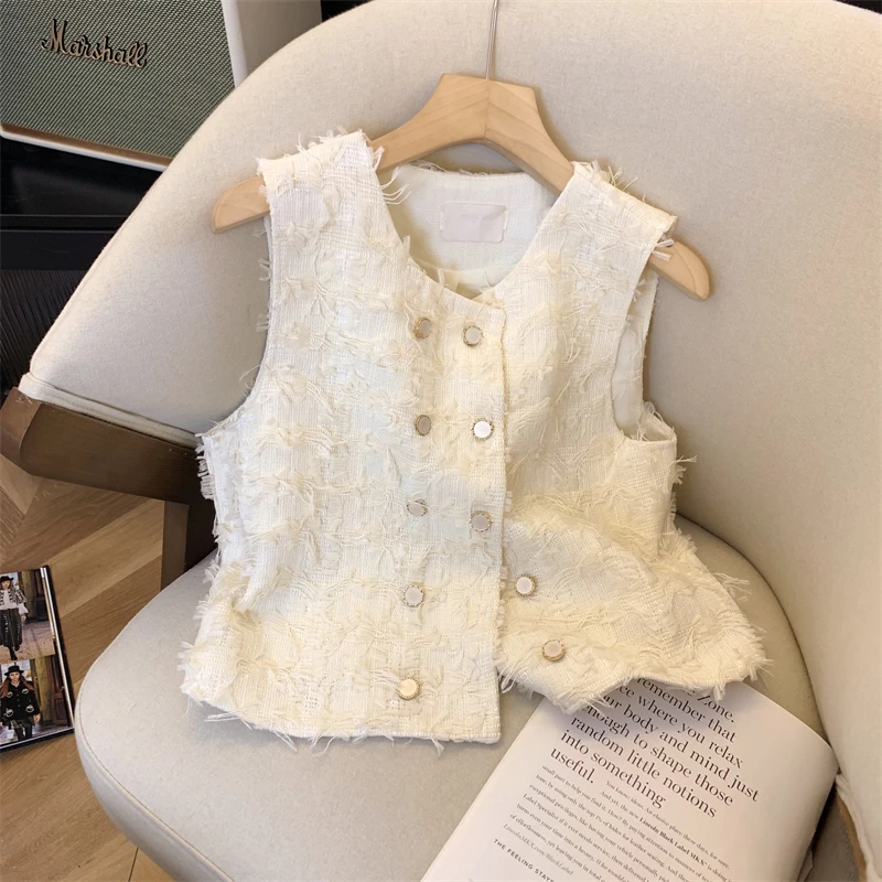 

Faionable White Vest Top ort Women's Outerwear Sweet Sle Cotton Blend Fabric round Ne Single Button Closure Color