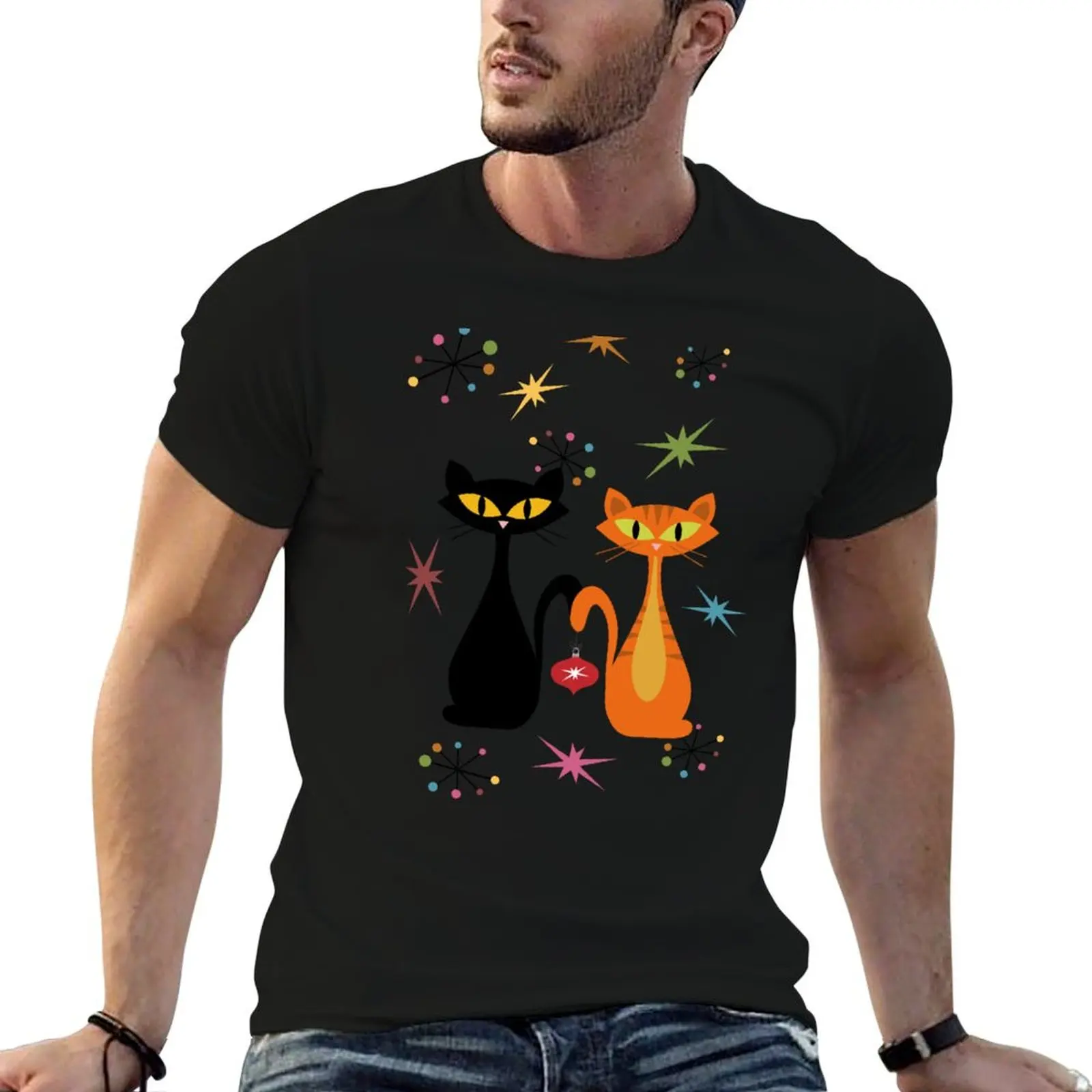 Mid Century orange and black cats Christmas T-Shirt anime stuff anime tshirt sweat heavyweights men tshirt