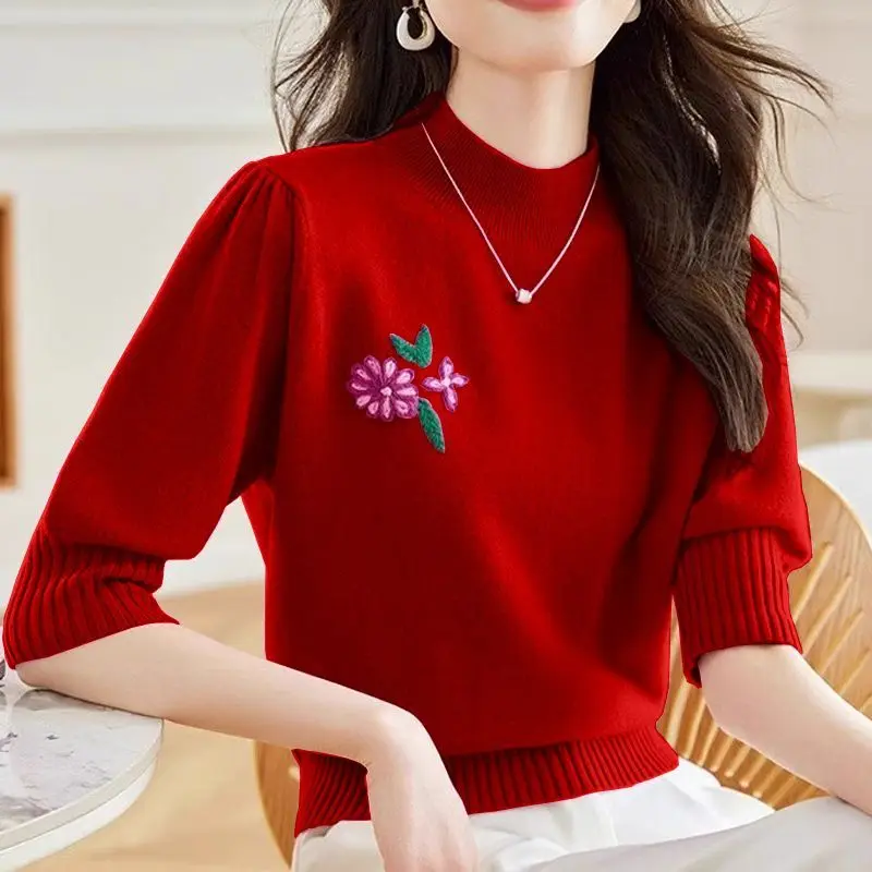 Korean Fashion Autumn Winter Sweater Women Solid Mock Neck Embroidered Temperamen Office Lady Half Sleeve Pullovers Knitted Tops