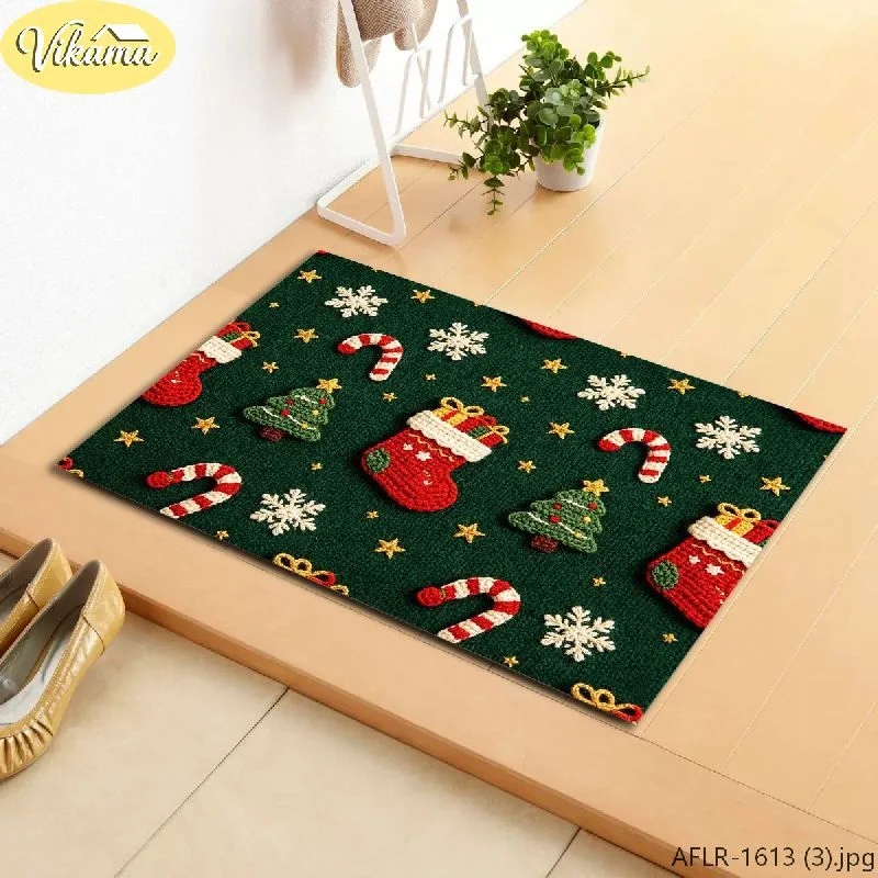 VIKAMA Typographic & Santa Flannel Door Mat, Non-Slip Washable Xmas Mat, Decor for Front Door Entryway Kitchen Bedroom