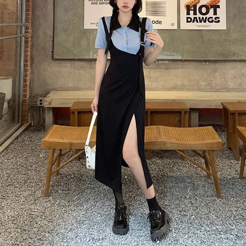 Fake Two Pieces Spliced Dresses Summer Korean Polo-Neck Button Women's Clothing Short Sleeve Waist Fashionable Split Long Dress