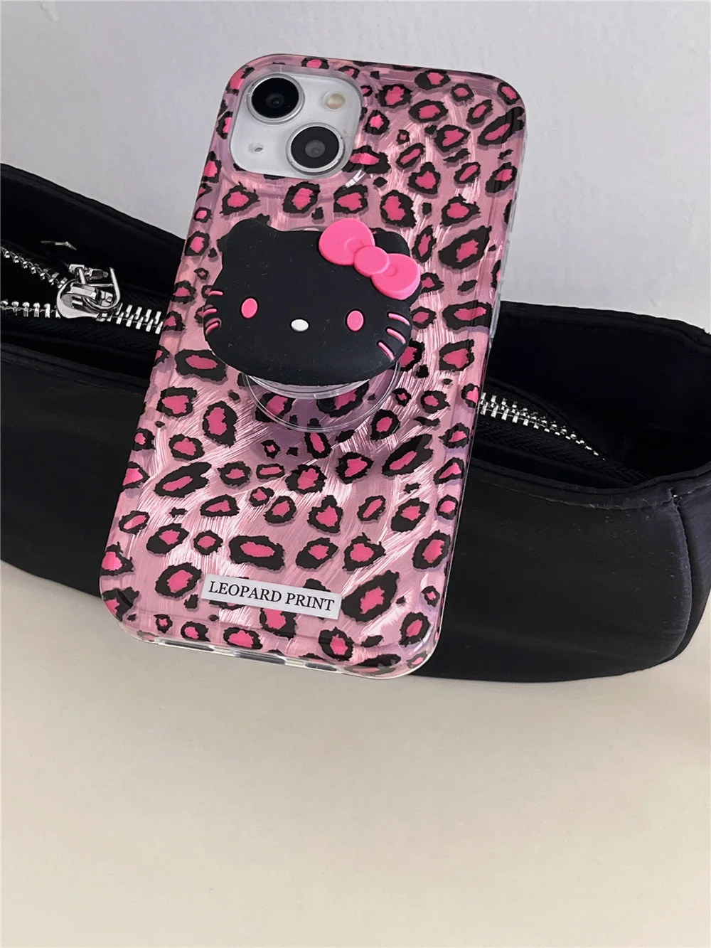 Luxury Leopard Print Cute Hello Kitty Cat Holder Phone Cover For iPhone 12 13 14 15 Pro Max Cartoon Cute Anti-drop Case