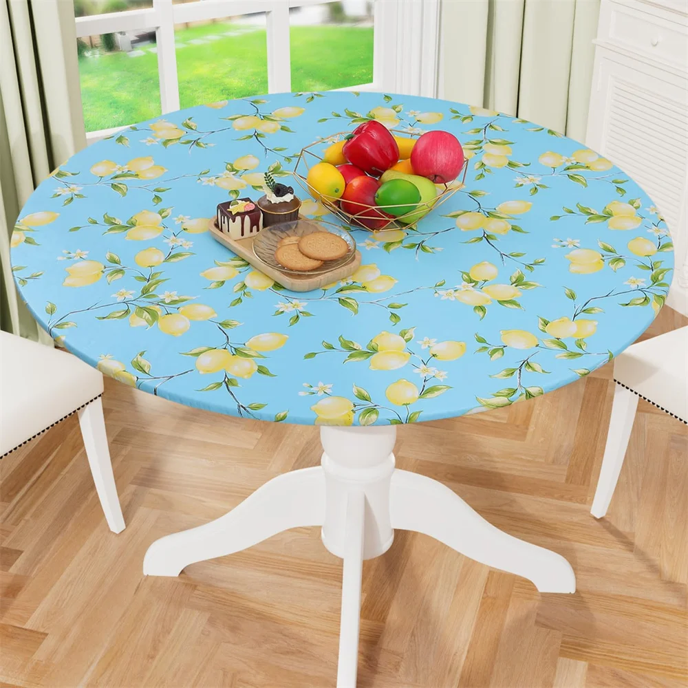 

Kitinjoy Elastic Round Table Cloth Fitted Flannel Backed Vinyl Tablecloth Waterproof Wipeable Dining Table Covers For Camping