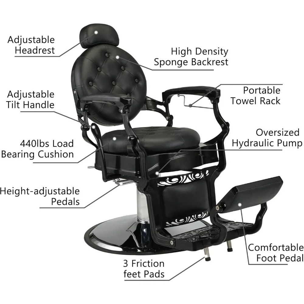 Kursi Barbershop Antik, Kursi Salon Profesional Logam Tugas Berat Mendukung hingga 440 pon dengan Sandaran 135o dan Pengangkat Hidraulik,