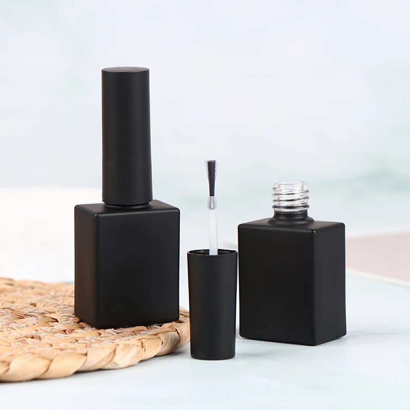 15ml Black Rectangular Bottle Empty Glass Bottles Of Nail Varnish Base Glue Sealer Glue Dispensing Bottle Cap Brush