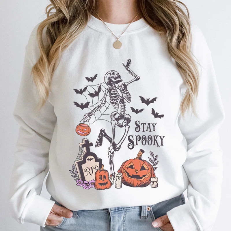 

Stay Spooky Sweatshirts Women's Crew Neck Long Sleeve Casual Skeleton Pumpkin Bat Printed Sweatshirts For Halloween