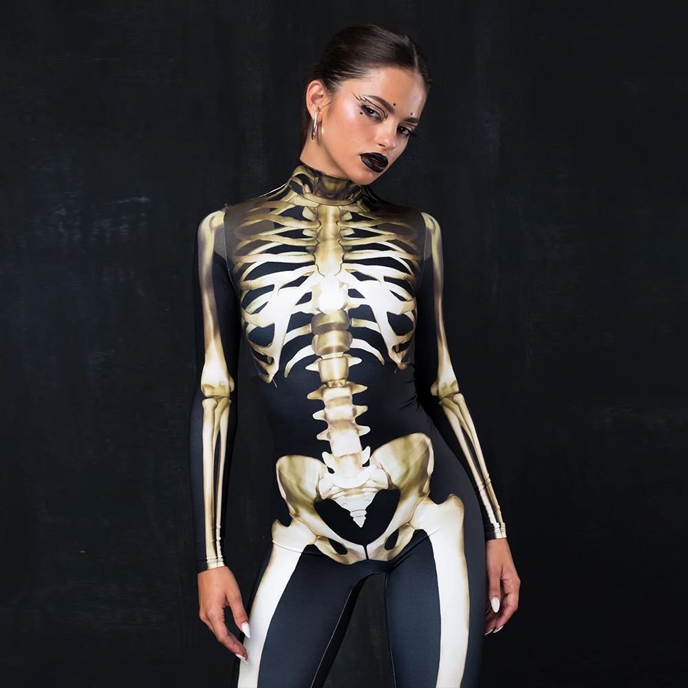 Halloween Black Skull Print Bodysuit Funny Character Holiday Party Jumpsuit Carnival Zentai Skinny Leotard Cosplay Costume