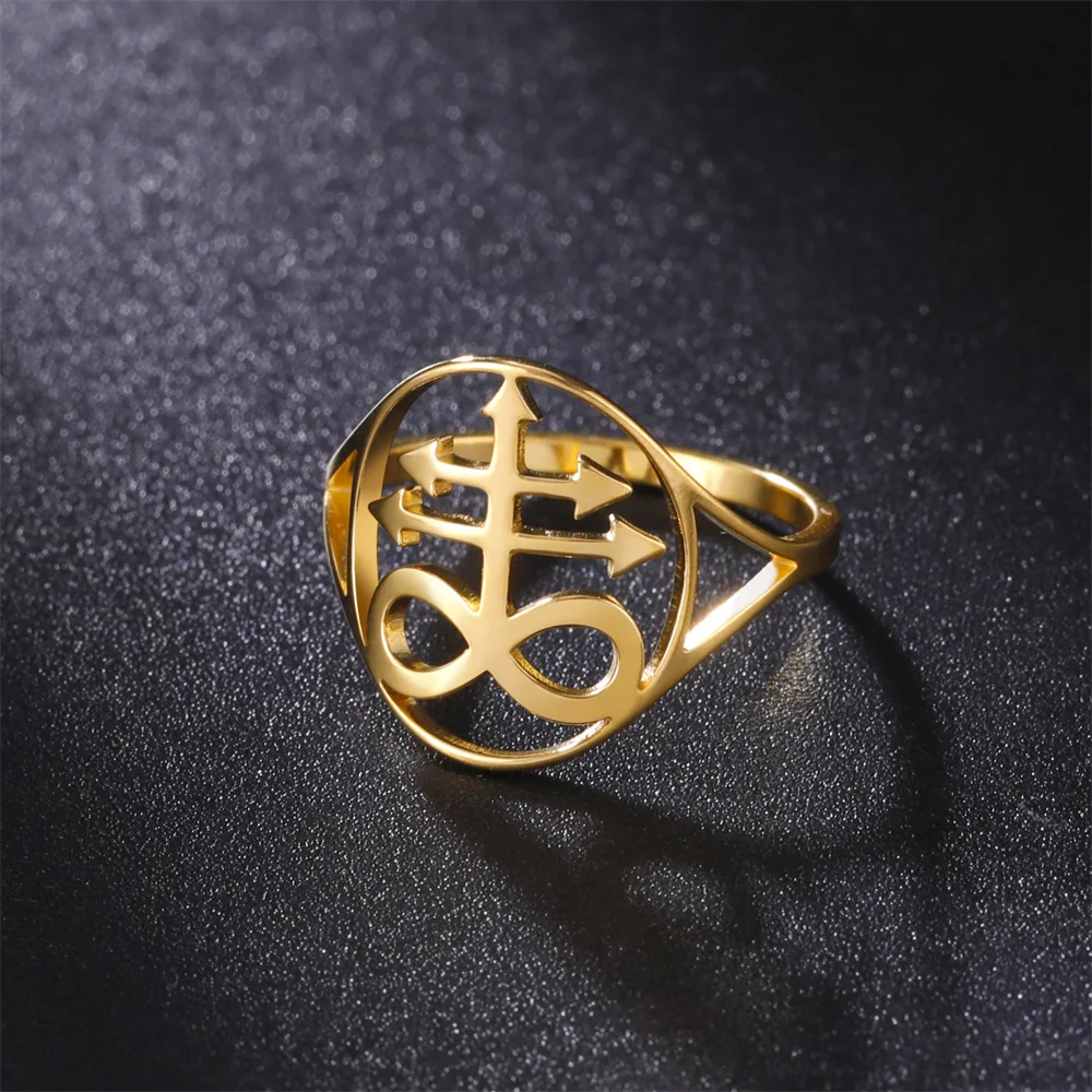 EUEAVAN Satan Leviathan Cross Ring for Women Men Stainless Steel Demon Devil Church of Satanic Symbol Kolye Rings Amulet Jewelry