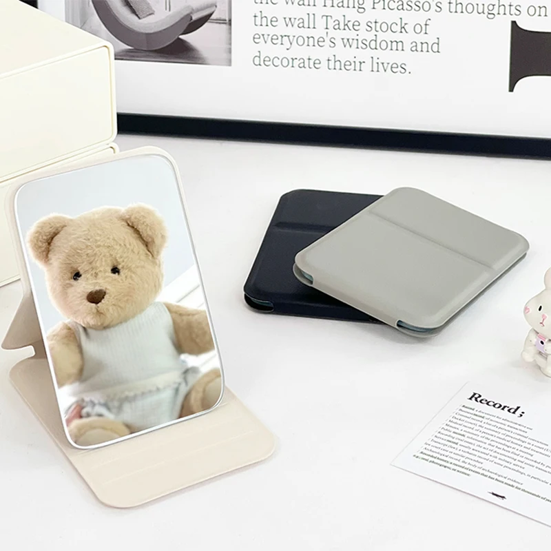 Espejo de maquillaje plegable portátil con estuche de cuero PU, espejo de tocador de escritorio compacto de mano para viajes, hogar y uso de bolsillo