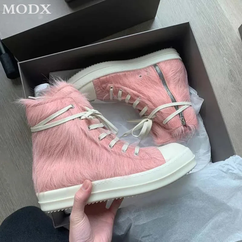 Pink Fur High Top Canvas Shoe Men Fashion Round Head Casual Flat Bottom Straps Sport Shoe Plush Design Side Zipper Sneakers Lady