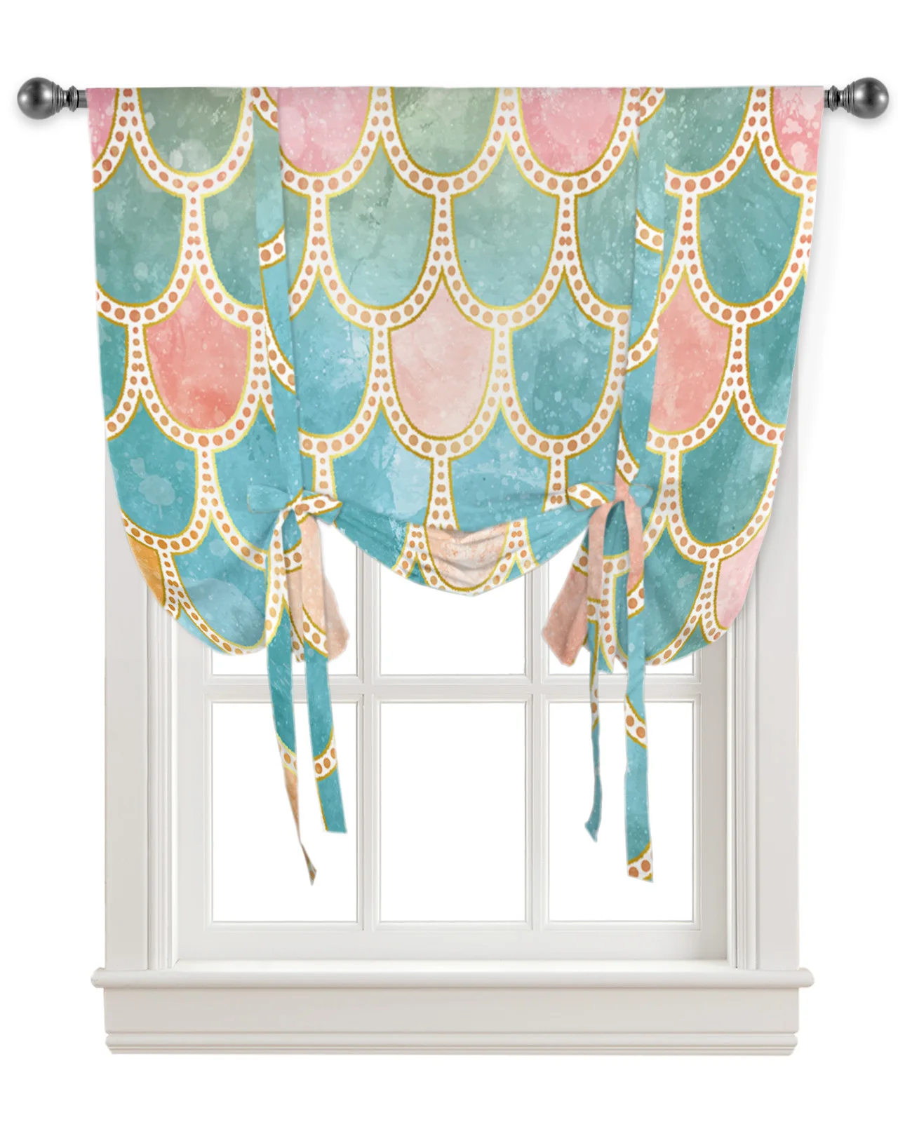 Fantasy Mermaid Fish Scale Pattern Window Curtain for Living Room Roman Curtains for Kitchen Cafe Tie Up Short Drapes