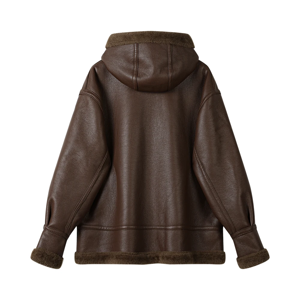 CIVICERA American Retro Biker Jaet Women's Autumn Winter Faion Fce Lined Thiened Hooded Leather Coat