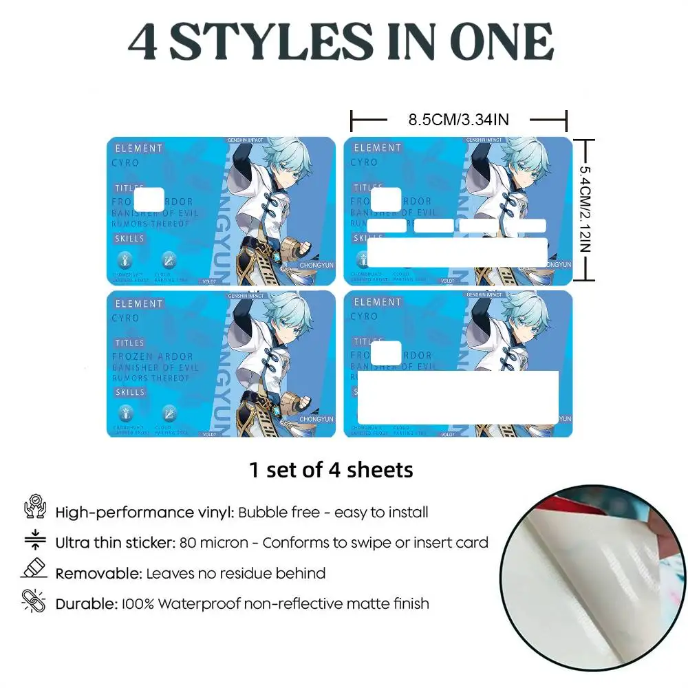 A-genshin Impact Chongyun License Holographic Laser Debit Credit Bank Card Skin Sticker Film No Fade