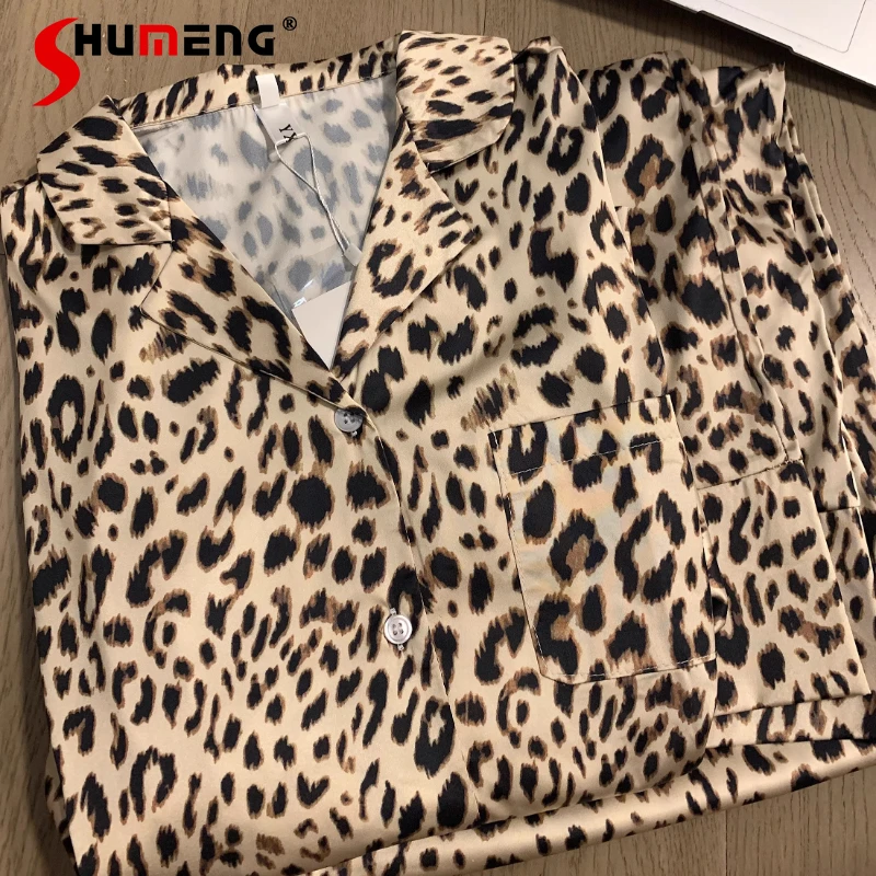 

Leopard Print Pajamas Set for Women Spring Autumn Long Sleeve Homewear Suit Female Japanese High End Ice Silk Sleep Outfits