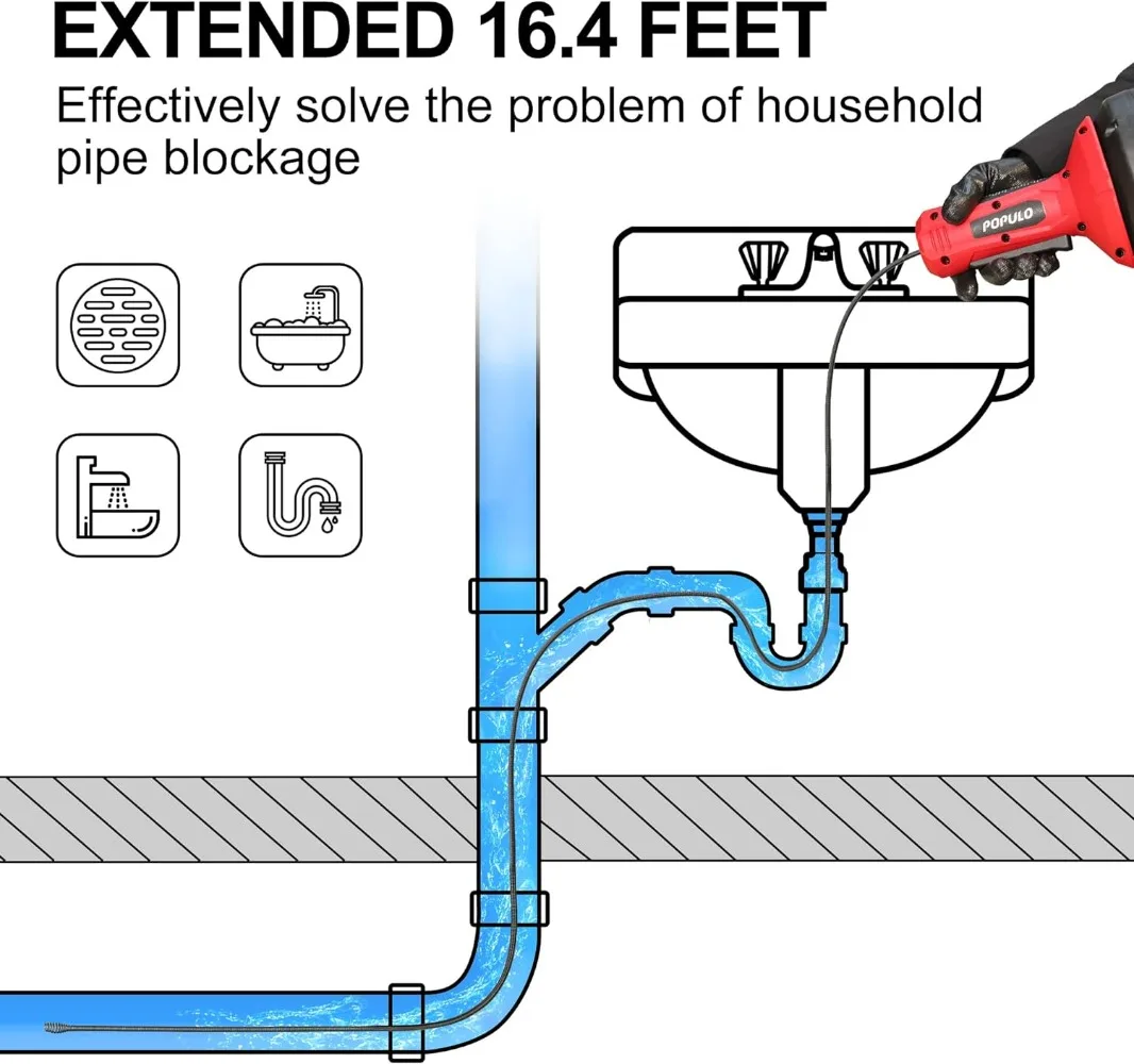 Drain Auger Plumbing Snake with Gloves for Bathtub Drain Bathroom Kitchen Sink and Sewer Snake Machine