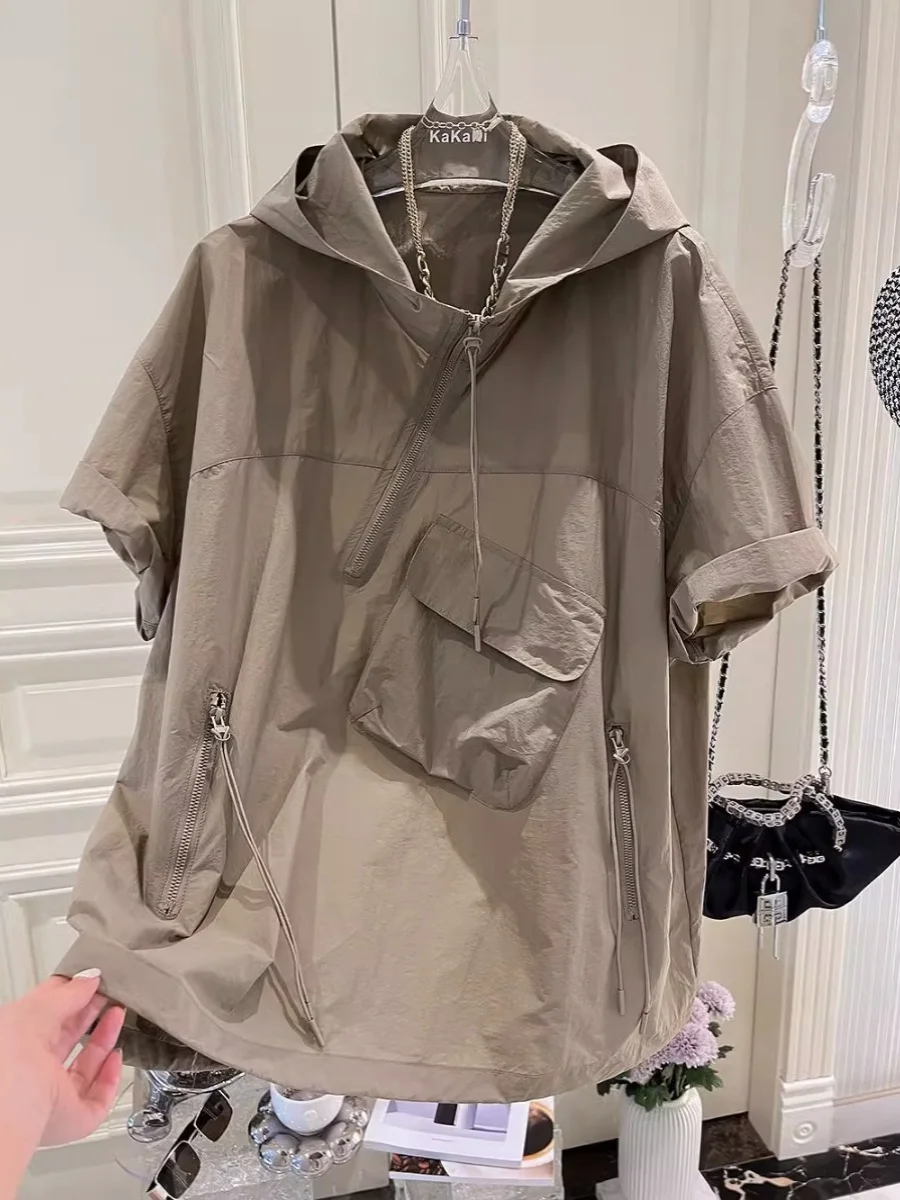 

plus Size Women's T-Shirt Ultra Large 300 Pounds New Design Asymmetrical Hooded Short Sleeve Sun Protection Summer Fashion