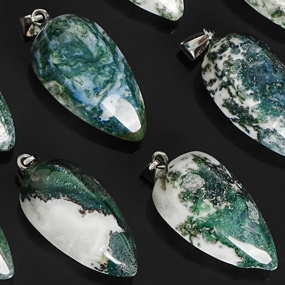 NATURAL PETRIFIED WOOD PENDANT 31X15MM GREEN WHITE HEXAGONAL CONE SMOOTH POLISHED STONE CHARM FOR DIY NECKLACE JEWELRY MAKING
