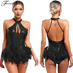 Women Latin Jazz Dance Bodysuit Skating Cha-cha Samba Rumba Tango Gymnastics Costume Sleeveless Backless Sequins Feather Leotard