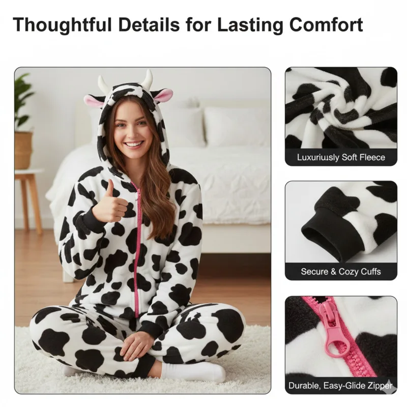 

Cow Hoodie Dresses Y2K Cute Coral Fleece Pullover Winter Cartoon Sleepwear Flannel Long Sleeve Plus Homewear Dress Set New