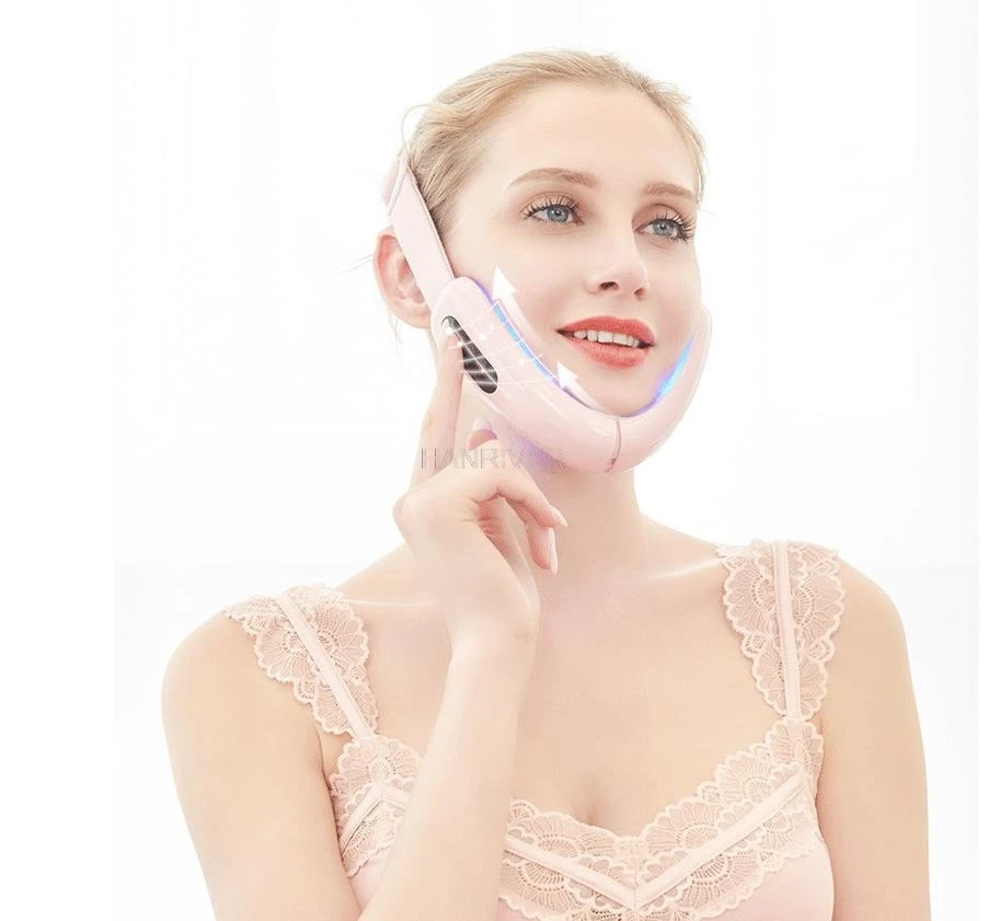 チンアップリフトベルトマシン赤青フェイシャルリフティングデバイス顔痩身振動マッサージャー V フェイスケア