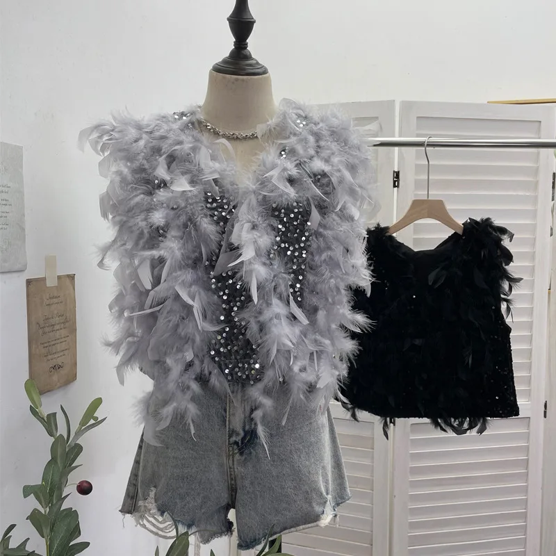 

ISAROSE модный жилет с перьями для женщин с блестками, весна-осень, однотонный однотонный пуловер без рукавов с v-образным вырезом для вечеринки, ночного клуба, бархатные топы