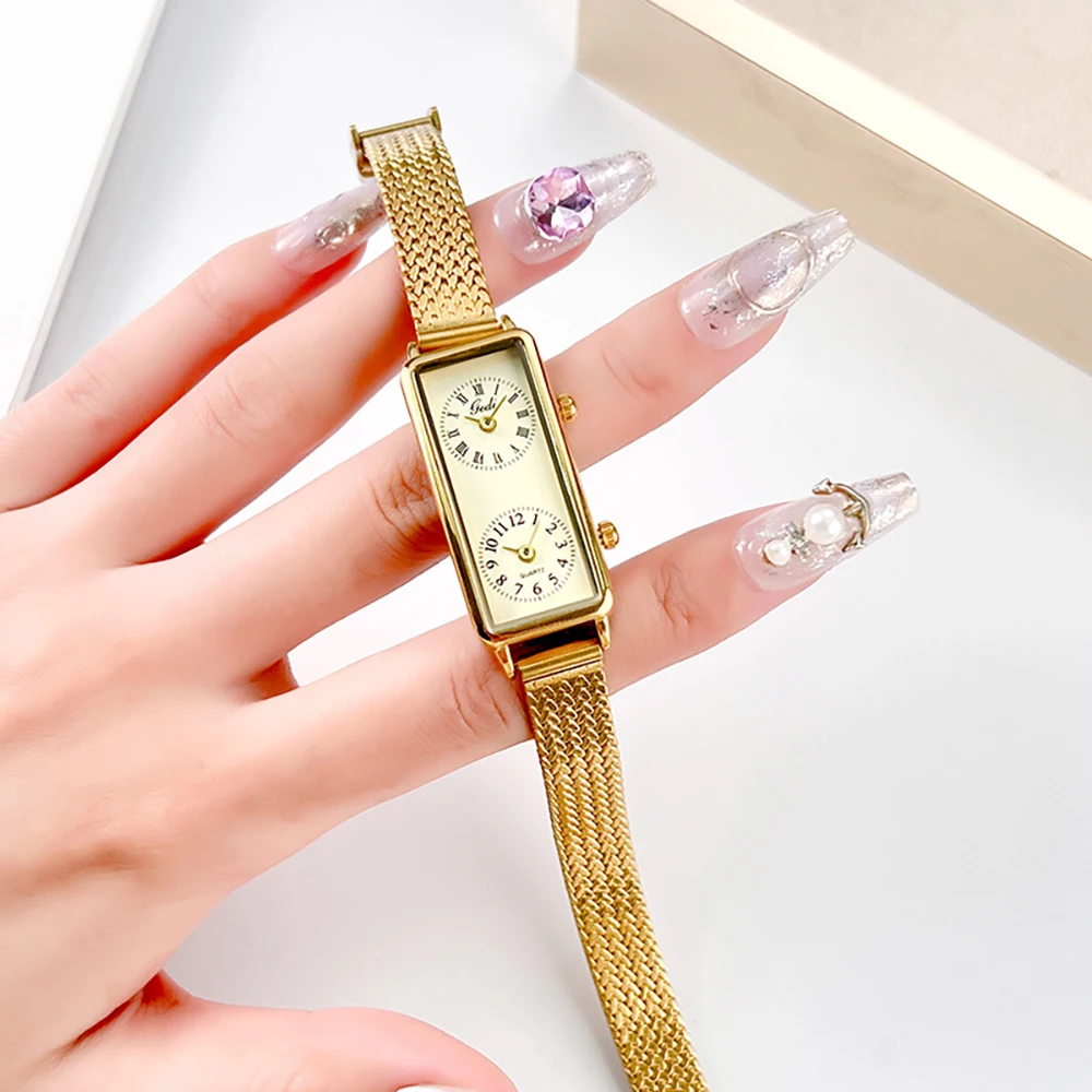 CQ549 New Leisure Creative Dual Movement Women's Watch Retro Rectangular Dual Time Zone Quartz Watch Light Luxury Clock Gift view 4