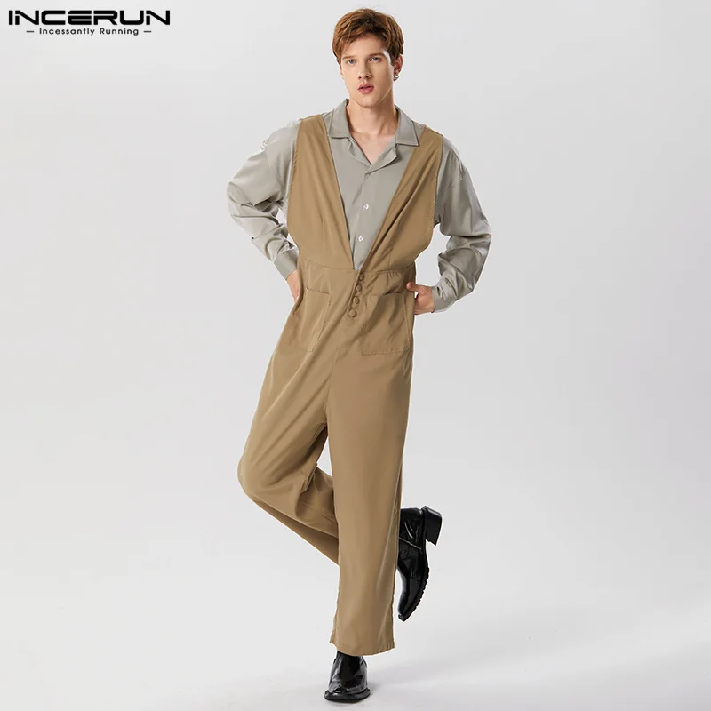 INCERUN 2024 American Style New Men's Casual Solid Design Strap Pants Fashion Streetwear Hot Selling Sexy Comfortable Jumpsuits