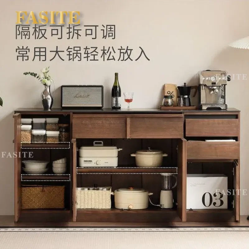 Medieval Solid Wood Sideboard with Sintered Stone Top Black Walnut Luxury Dining Cabinet Compact Storage Console for Small