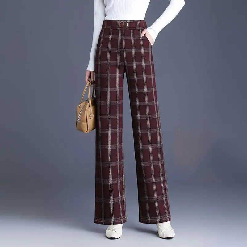 2025 Autumn Winter New Fashion Loose Plaid Elastic Waist Wide Leg Pants Ladies All-match Pocket Fleece High Waist Straight Women