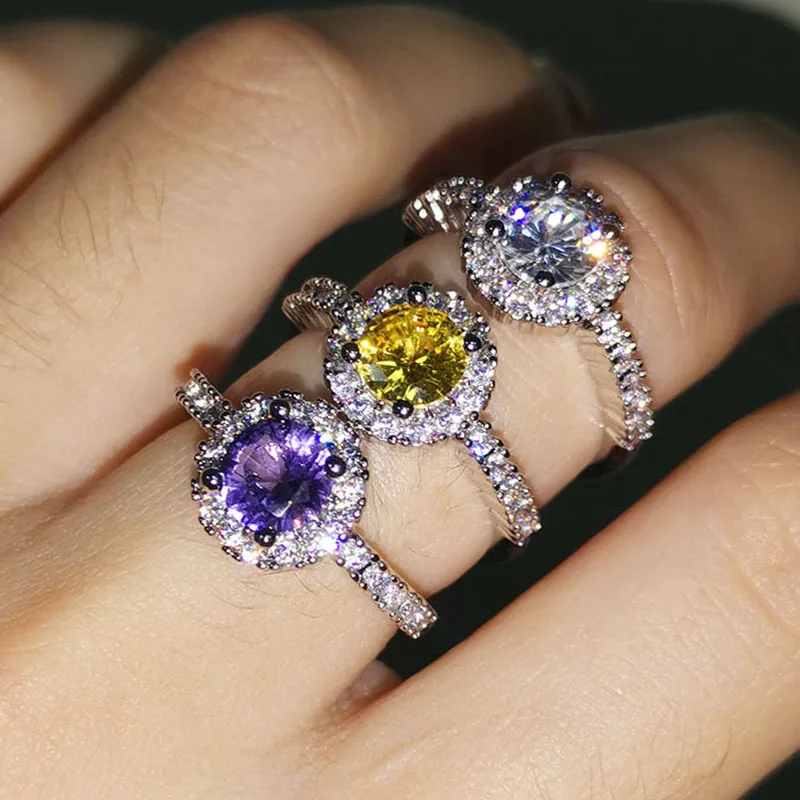 S925 sterling silver ring inlaid with eight hearts and eight arrows, zircon colored amethyst engagement ring.