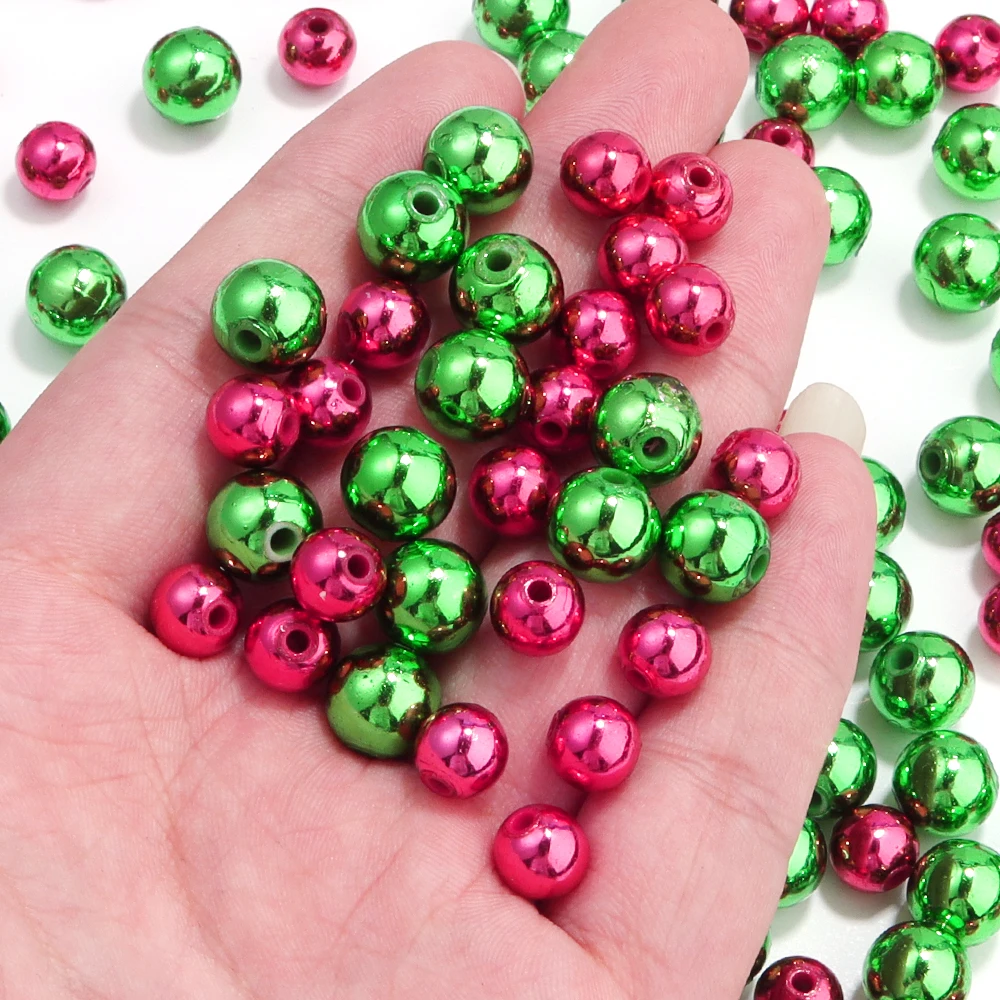 50-100pcs/lot 8 10mm Christmas Series Acrylic Round Beads Red Green Color Loose Spaced Bead For DIY Bracelet Earring Accessories