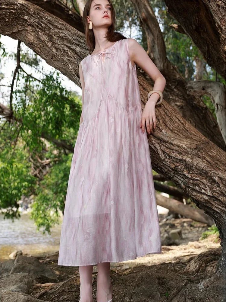 فستان طويل نسائي كاجوال عتيق بدون أكمام فستان صيفي فضفاض بياقة دائرية وأربطة فستان فرنسي قديم