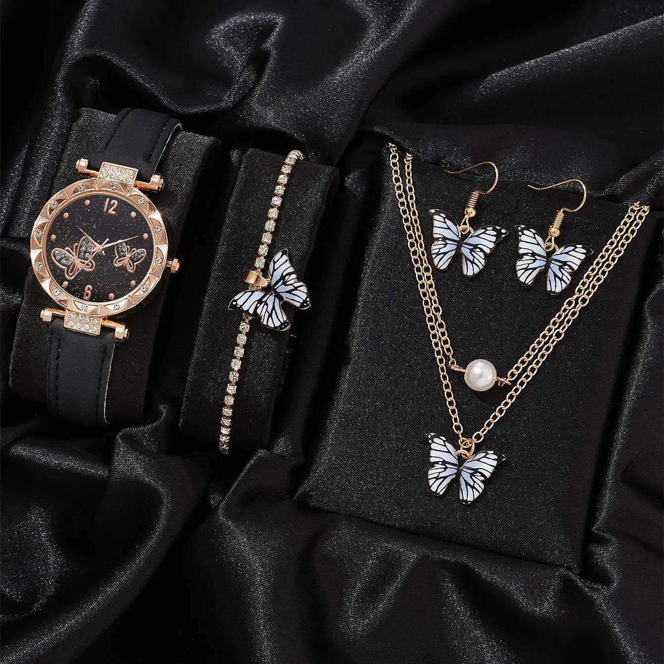 5PCs/set Fashion Butterfly Starry Sky Diamond Embedding Luxury Women's Belt Quartz Wristwatches Diamond Embedding Bracelet Set