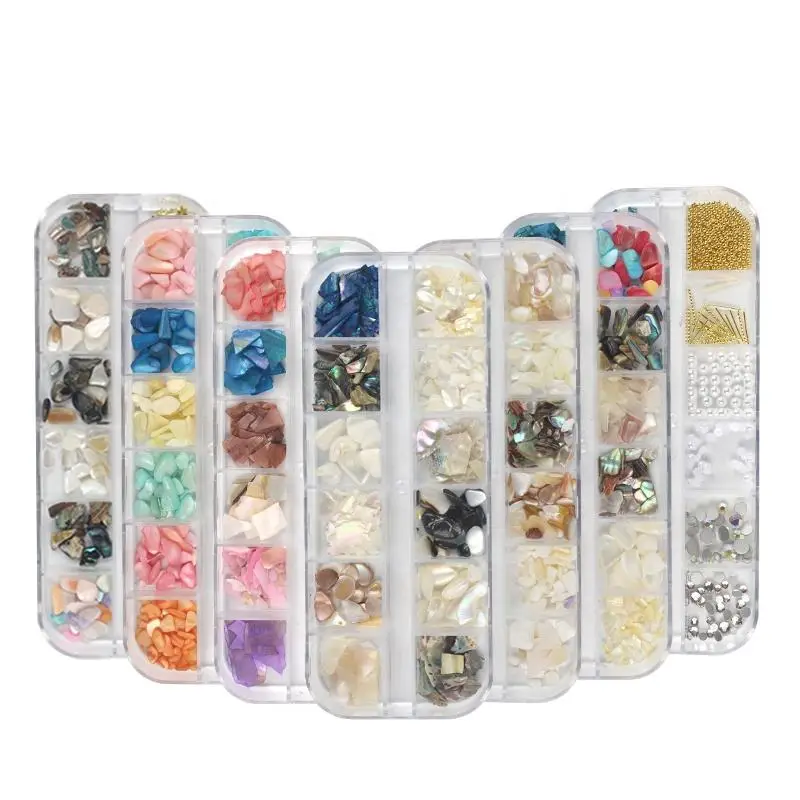 

JIN PAI NEW Manicure Shell Pieces Mixed With 12 Grids Ultra-Thin Abalone Fragments Shell Rivets Combined Nail Art Accessories