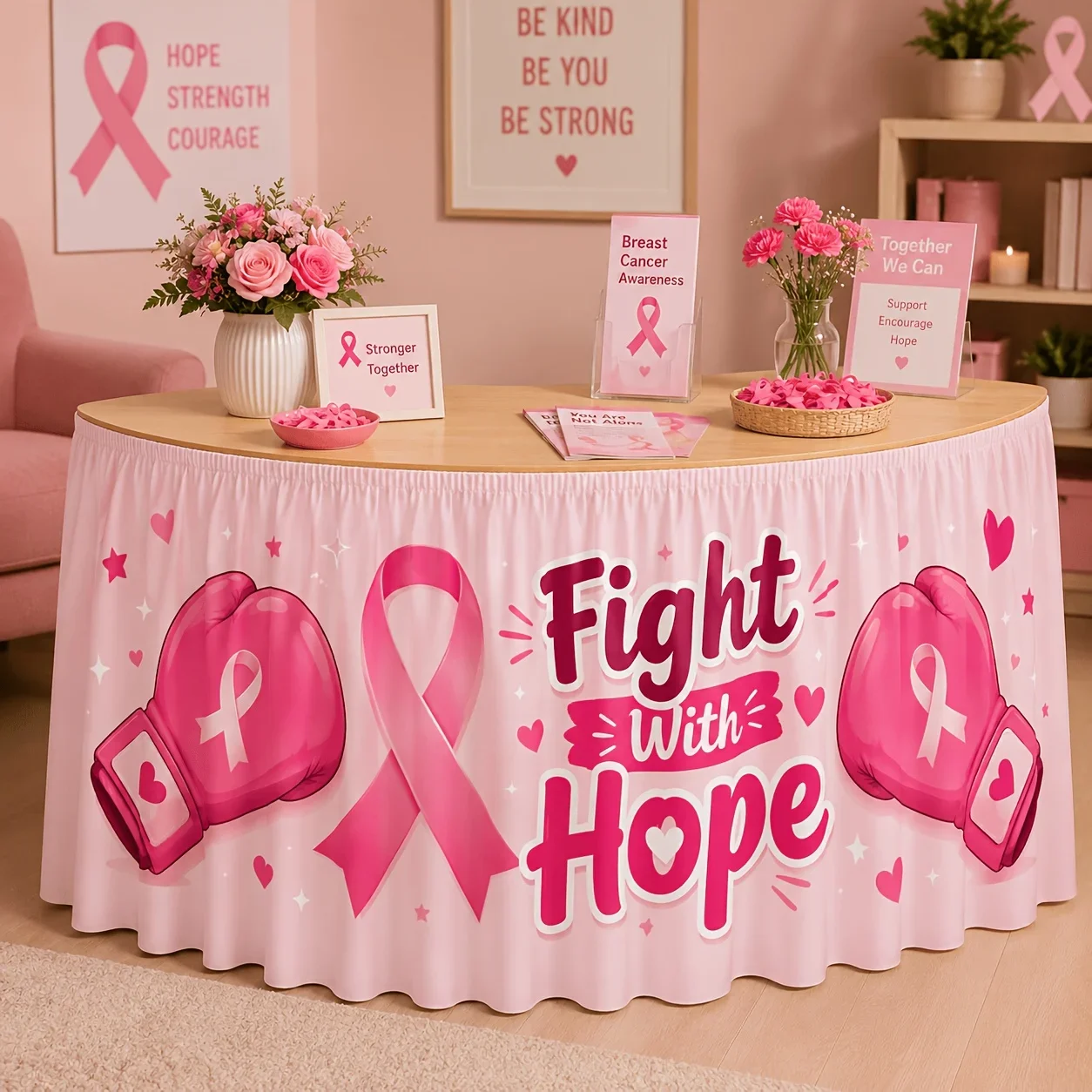 One tablecloth. Hope and Hope Anti-Cancer Tablecloth. Pink ribbon. Heart-shaped stars cartoon print. Charitable support.xzj