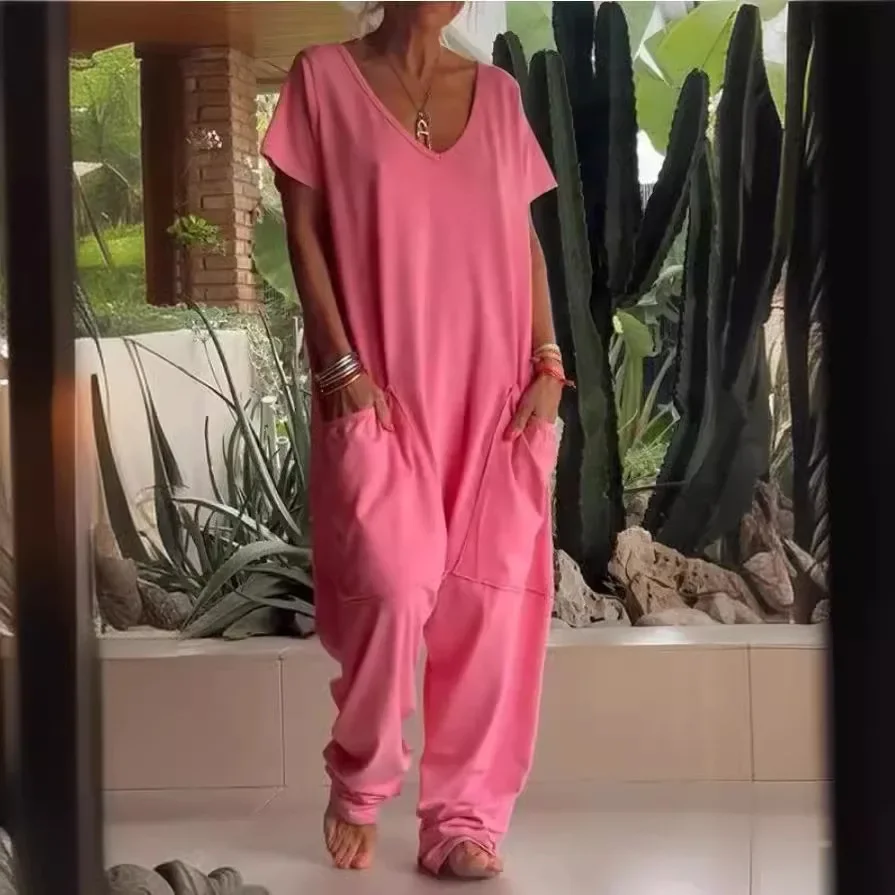 

V-neck Pocket Loose Low Waist Summer Women's Clothing Solid Color Overall Pants Jumpsuit Short Sleeve