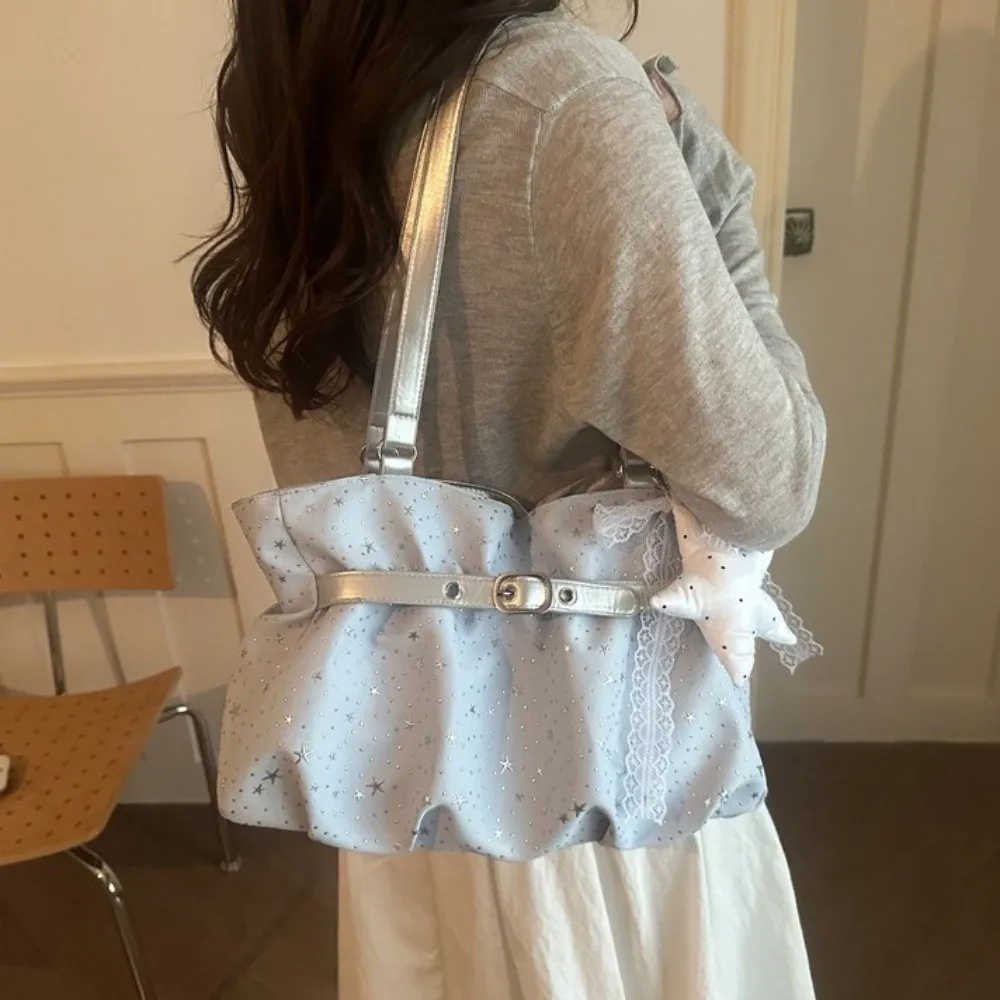 Fashion Nylon Star Print Handbag Hobo Korean Style Women Tote Bag Solid Color Large Capacity Underarm Shoulder Bag Daily