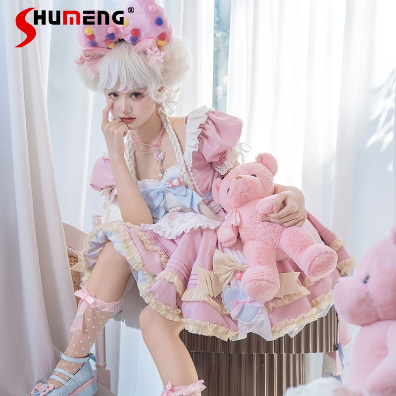 Sweet Lolita Pink Ruffled Cake Dress for Women Everyday Clothing Kawaii Girly JSK Big Swing Short Sleeve Short Dresses Feminino