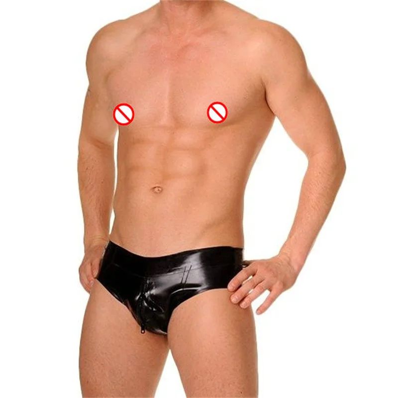 Natuurlijke Latex Sexy Mannen Slips Zwart Latex Fetish Onderbroek Ondergoed Through Kruis Rits Slips Mannelijke Fetish Wetlook Shorts