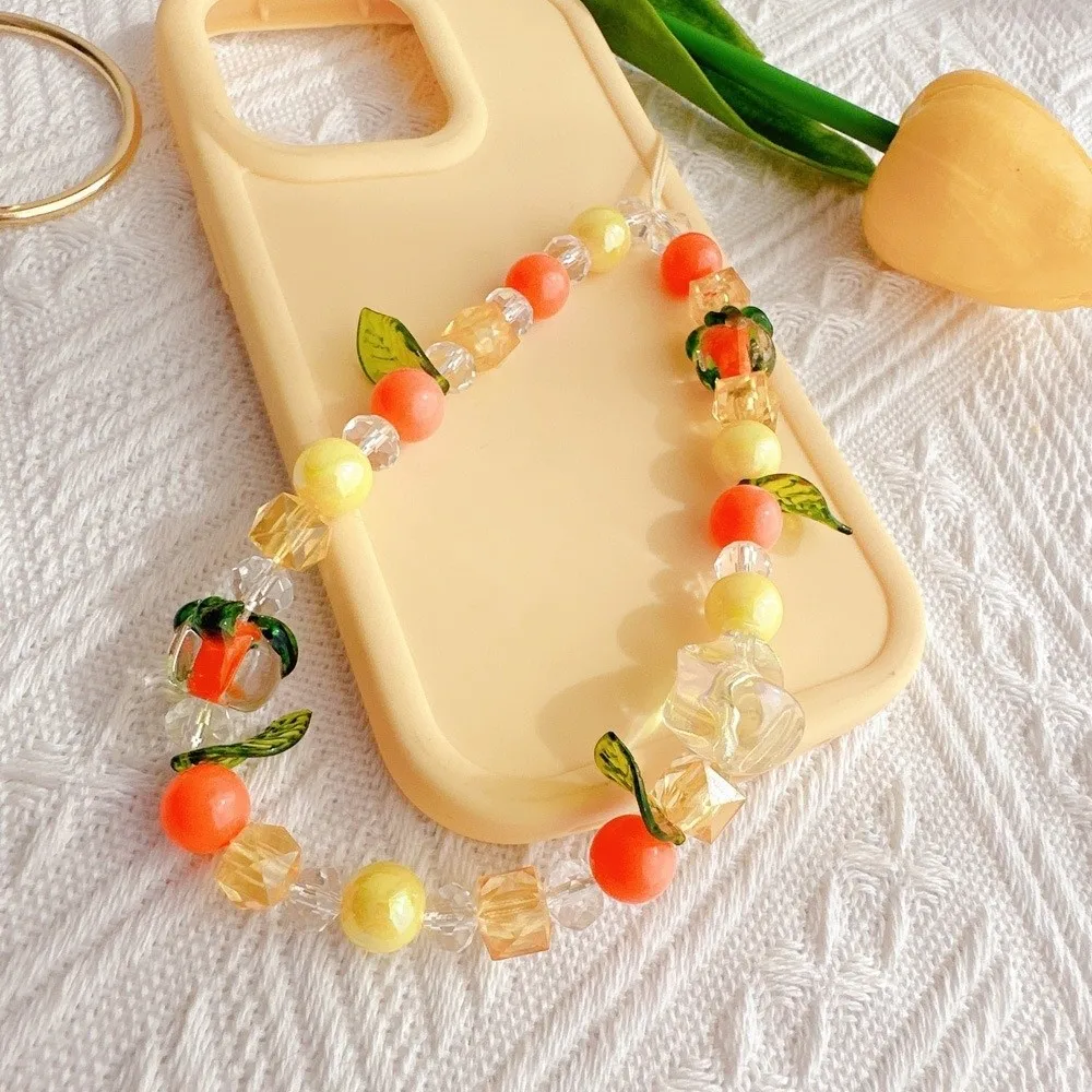 

Fashion Orange Persimmon Leaves Phone Lanyard Bag Chain Handmade Cartoon Crystal Bead Charms Bracelet Lucky Anti Loss Rope