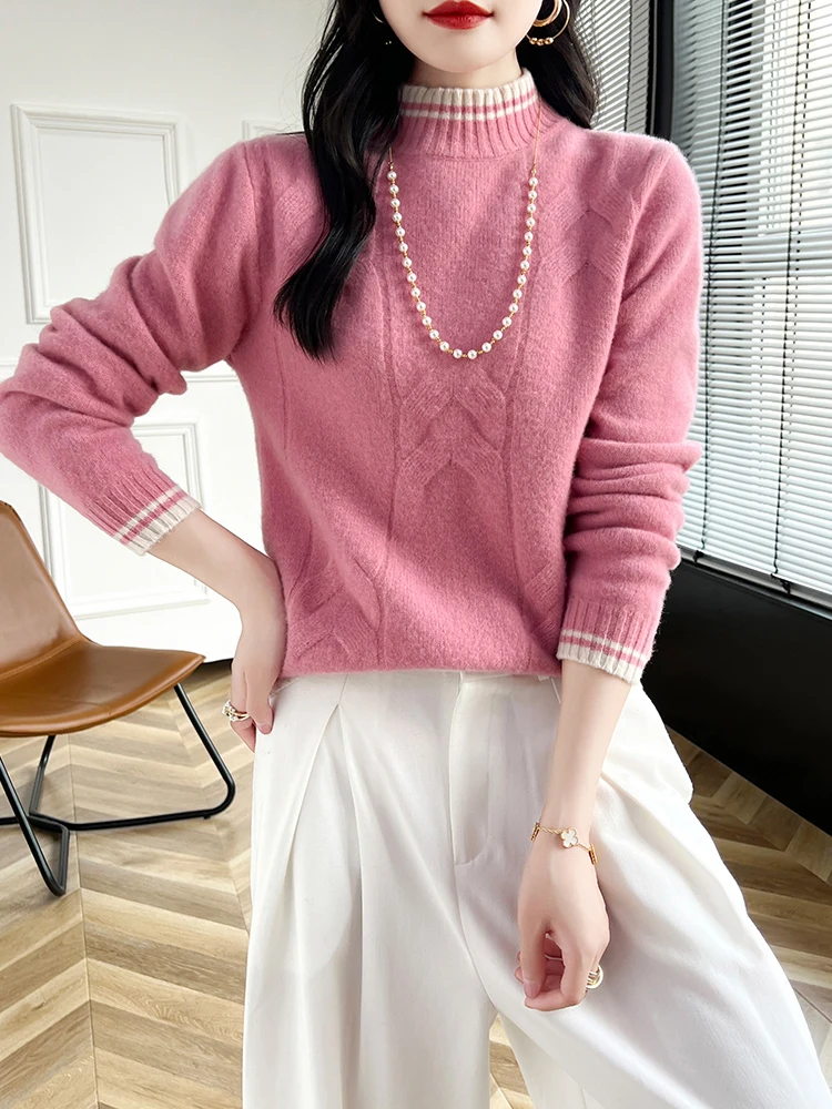 Half high neck seamless 100% pure wool sweater for women's autumn and winter first-line ready to wear pullover sweater with knit