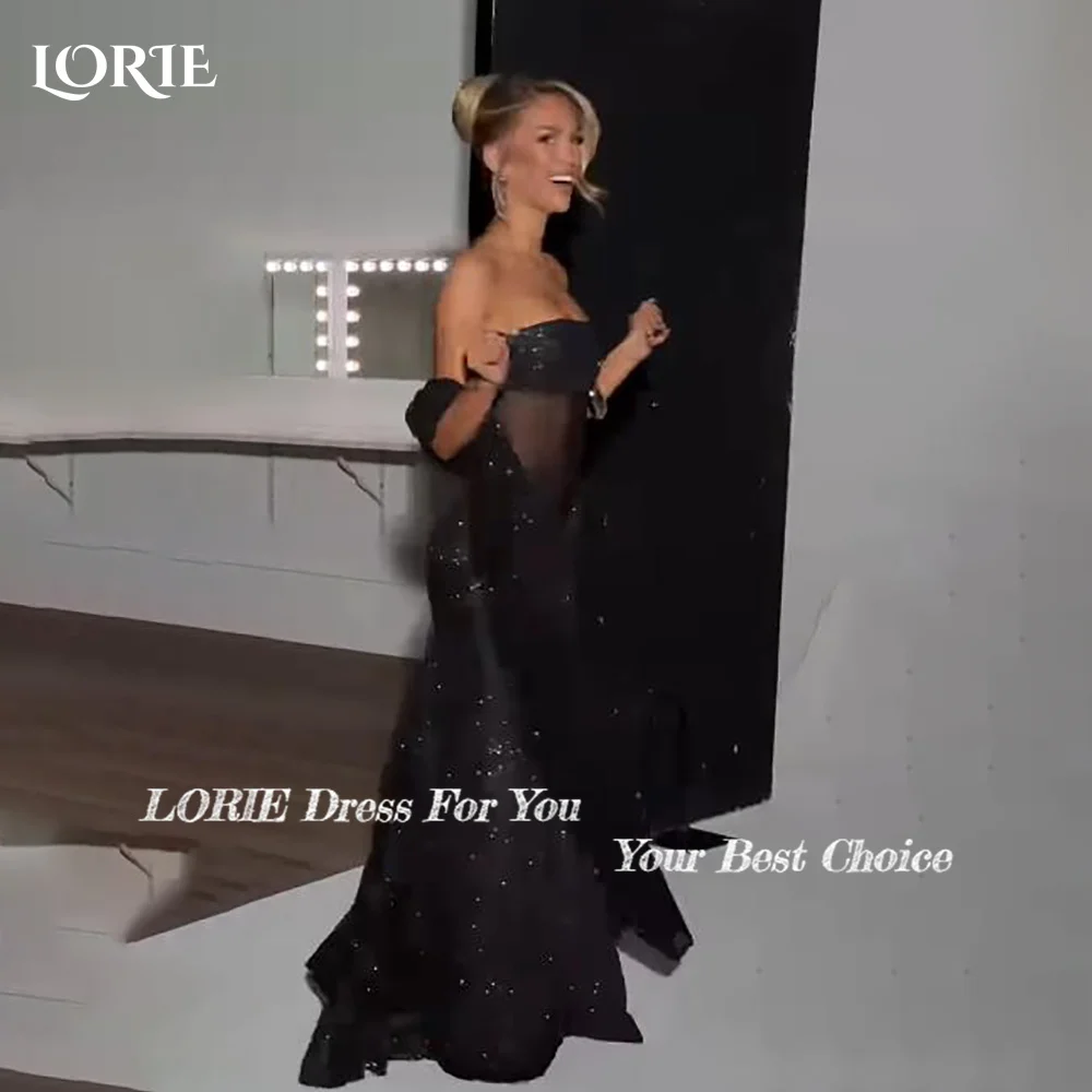 فستان سهرة بحورية البحر من الكريب اللامع من LORIE مثير من الدانتيل سباركلي الوهم بأكمام طويلة للحفلات الراقصة بطول الأرض حسب الطلب