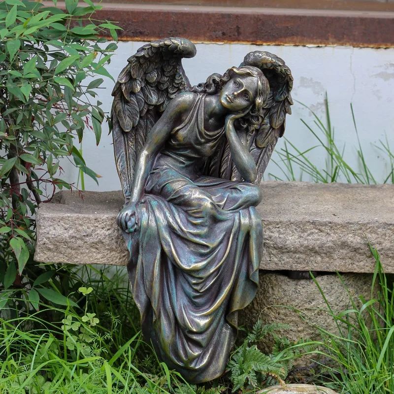 Vintage Angel Statue Romantic Garden Sculpture for Villa Resin Sitting Angel Decor Outdoor Courtyard Art & Pond Ornament