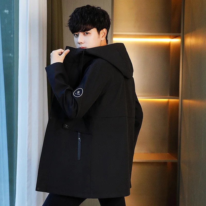 سترة GIOIOMEN، للربيع والخريف على الطراز الكوري بقصة ضيقة متوسطة الطول بلون سادة مع قلنسوة، ملابس رجالية