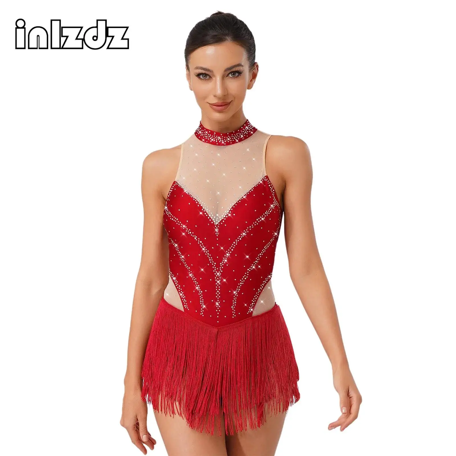

Womens Athletic Figure Skating Latin Dance Leotard Sleeveless Tassel Fringe Bodysuit for Gymnastics Tango Chacha Samba Dancewear