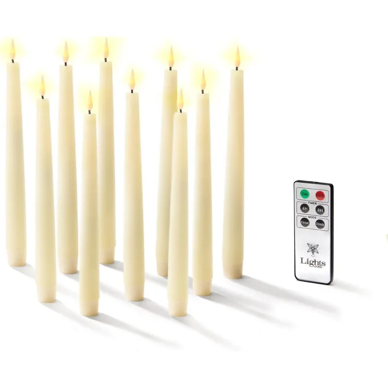 Realistic 3D Flame with Wick, 9 Inch, 10 Pack, Ivory Wax, Flickering Flameless Candle LED, Rem